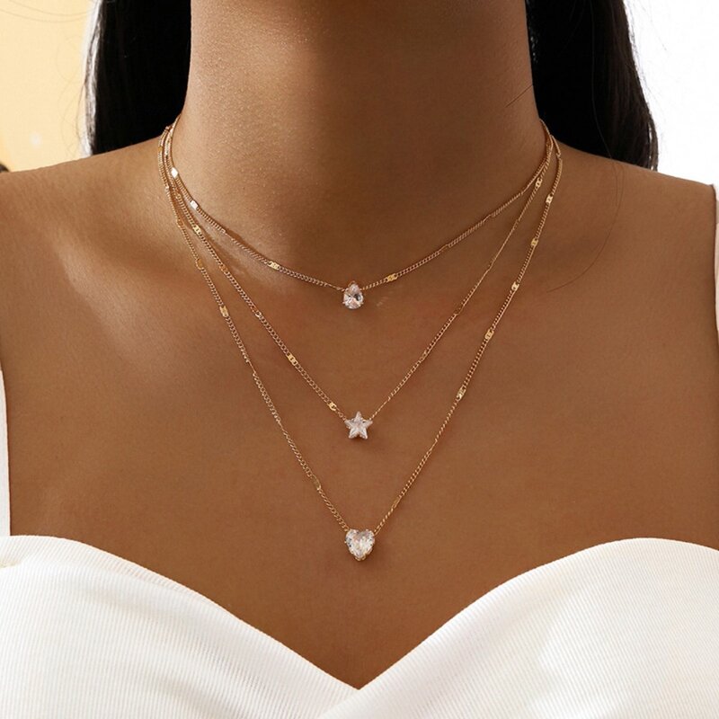 Trendy Zircon Pendant Necklace for Women Multilayer Chain Choker Fashion Female Party Shiny Jewelry Gift