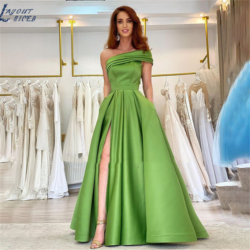 Gaun Prom Satin satu bahu belahan tinggi gaun pesta Formal berlipat tanpa lengan renda panjang selantai model A-line Ruched