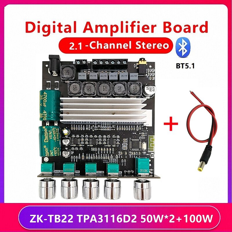 ZK-TB22 2.1 Channel Bluetooth Audio Amplifier Board with DC Cable TPA3116D2 50Wx2+100W Tweeter Subwoofer Module