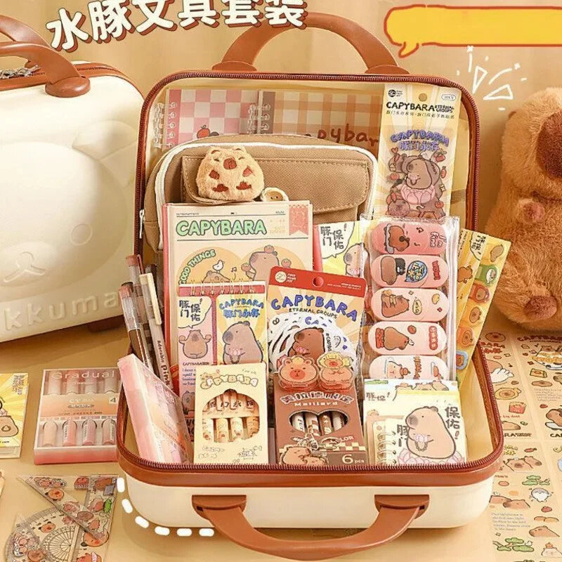 Capybara-bolsa para bolígrafos, juego de papelería de regalo, 22x30x15cm, doble cara, Clip, cuaderno, bolígrafo, oso pequeño, estuche de transporte escolar, Unisex