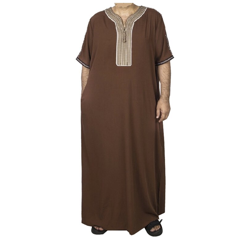 Kimono Pria Musim Panas Muslim Jubba Thobe warna Solid jubah Tengah kemeja pria Muslim Arab Saudi kerah berdiri jubah pria Kaftan Arab Islam