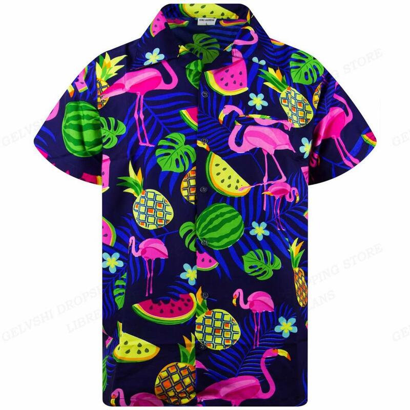 Flamingo kemeja pantai Hawaii pria, kemeja motif 3D daun tropis untuk pria dan wanita, blus gaya lengan pendek musim panas