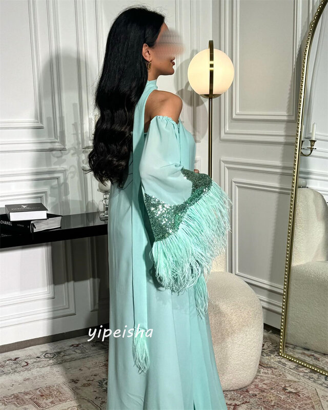 Prom Dress Saudi Arabia Satin Feather Sequined  A-line V-neck Bespoke Occasion  Anke Length