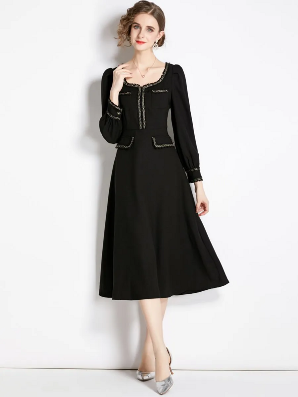 Vestido de tecelagem com colarinho quadrado para mulheres, manga longa, cintura alta, comprimento médio de bezerro, vestido vintage preto, novo