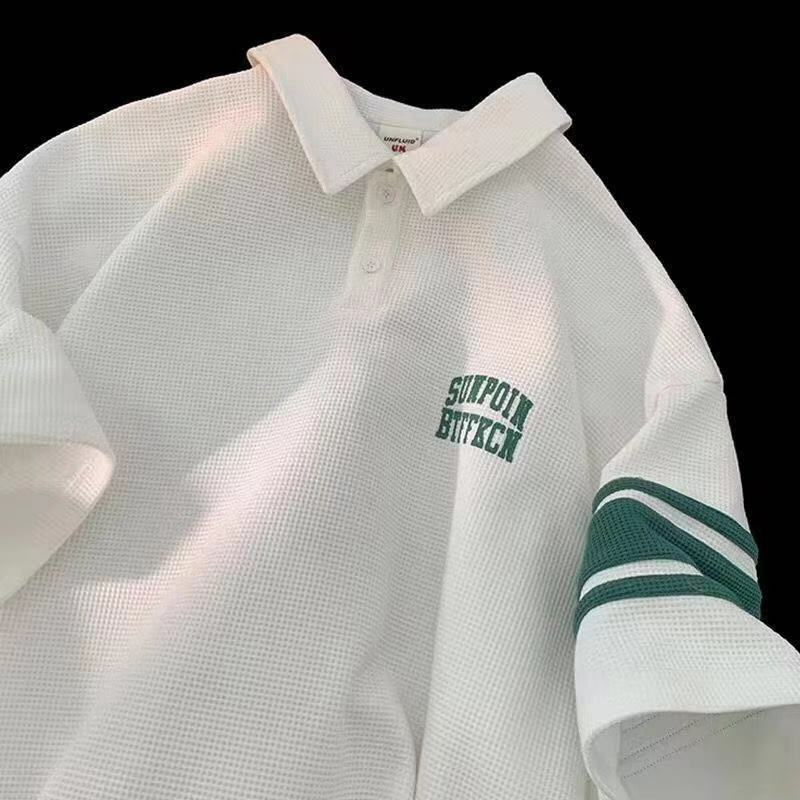 Kragen Kurzen ärmeln T-shirt Chic Hong Kong Stil Preppy Einfache Top Cityboy Sommer Waffel Streifen Übergroßen Shirt 2023