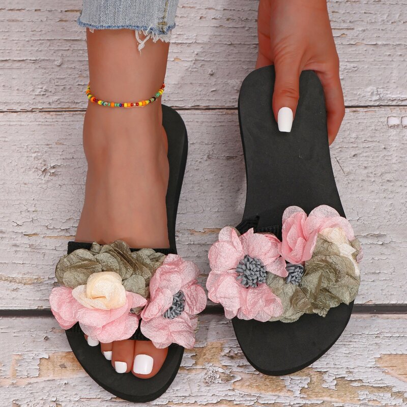 Сандалии женские с бантом и цветочным украшением, богемные пляжные тапочки с открытым носком, Повседневная летняя обувь, 2024