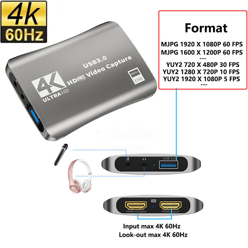 Kartu Capture Video HD 4K 60fps USB 3.0, Loop-out untuk HDMI kompatibel dengan Mic Audio Streaming PS4 5 Nintendo Switch Capture Game