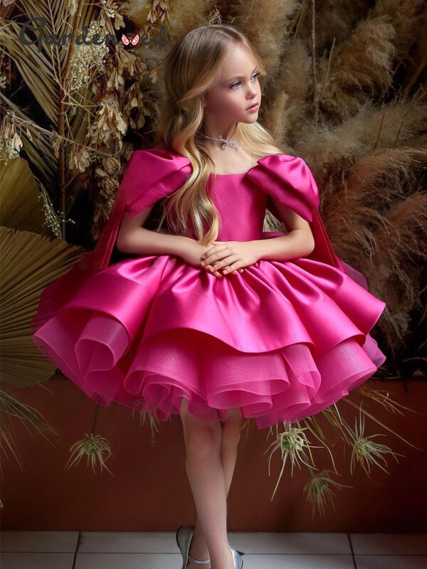 Robe de demoiselle d'honneur à manches bouffantes pour filles, robe de princesse, nœud en satin rose, robes de fête d'anniversaire pour enfants