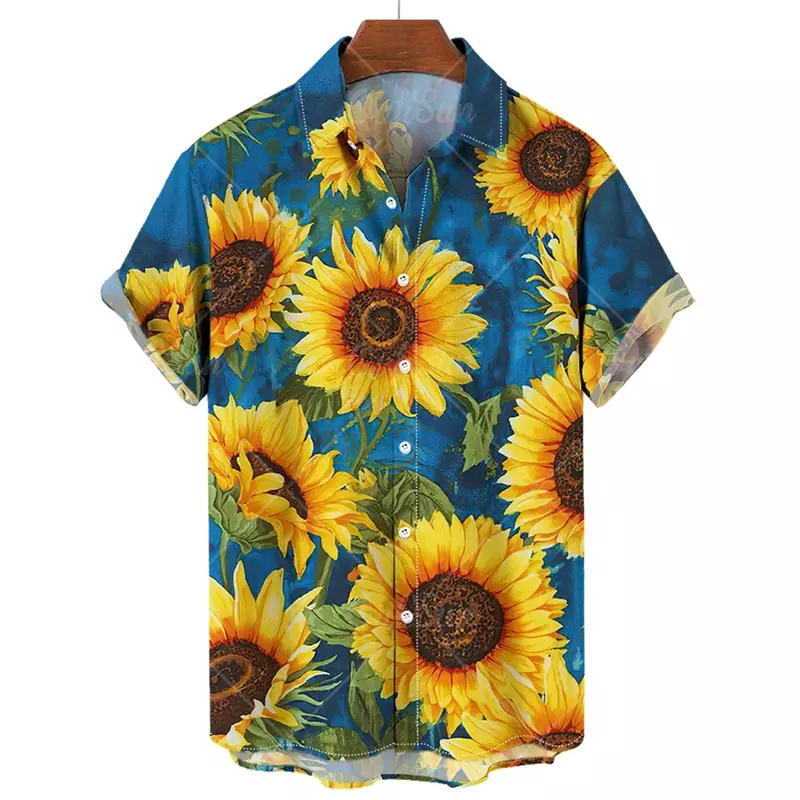 Men's Shirts Summer New Hawaiian Shirts Sunflower Print Shirts for Men Lapel Short Sleeve Men's Clothing Loose Oversized Tops