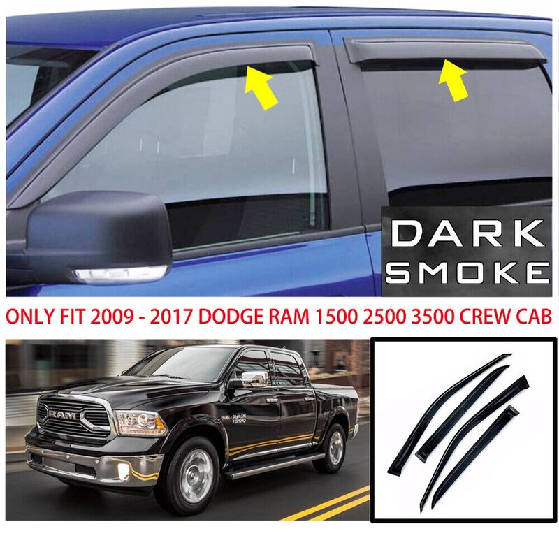 Pelindung jendela, untuk 2009-2017, Dodge Ram 1500 Crew, kaca jendela, pelindung hujan, ventilasi naungan, 4 buah