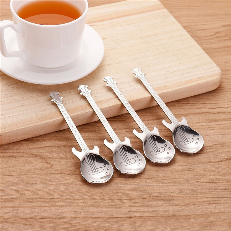 Guitar Coffee Teaspoons,4 Pcs Stainless Steel Musical Coffee Spoons Teaspoons Mixing Spoons Sugar Spoon(Silver)