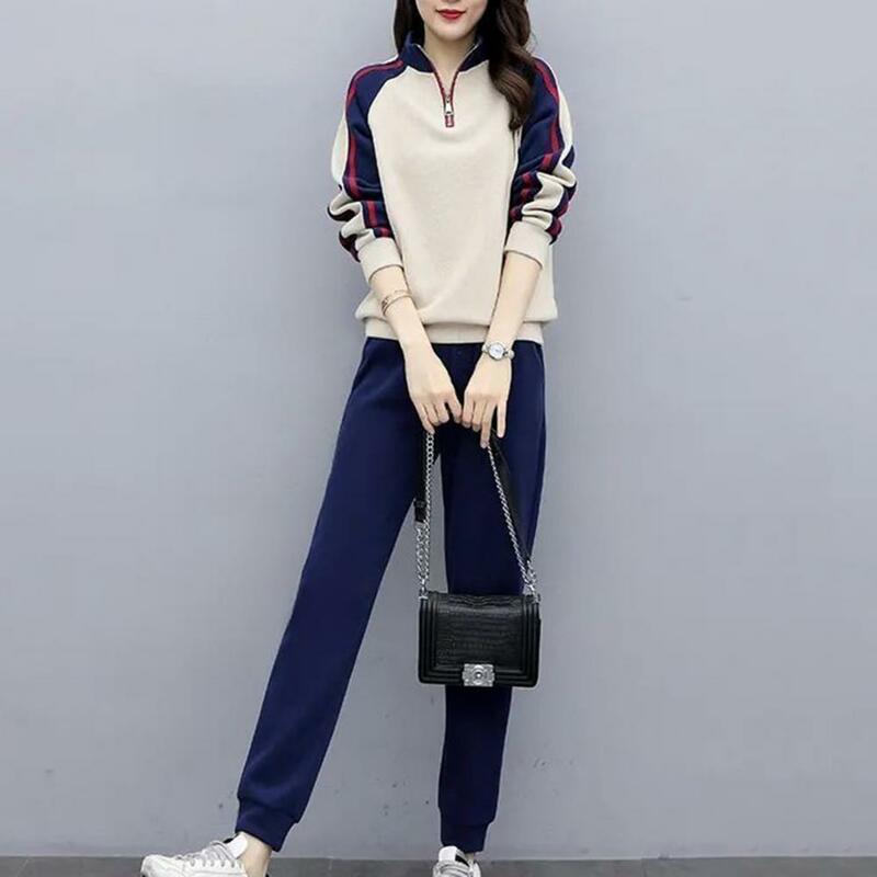 Autumn Winter Suit Women's Color Matching Tracksuit Set with Stand Collar Sweatshirt Elastic Waist Pants for Fall for Women