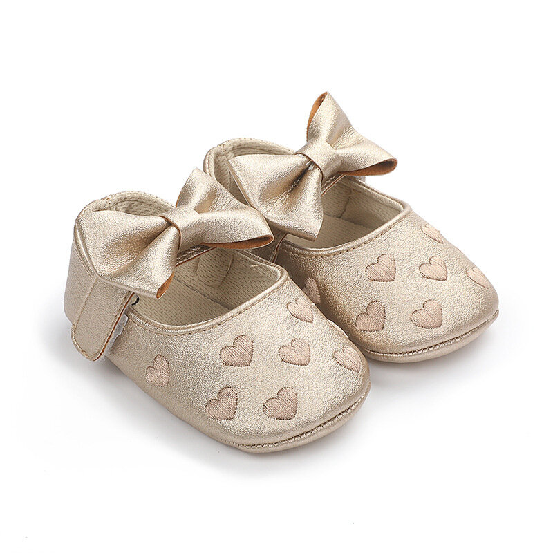 Sapatos Bowknot de couro PU para bebês meninas, mocassins bonitos, sapatos baixos de coração macio, primeiros caminhantes, criança princesa calçado, berço