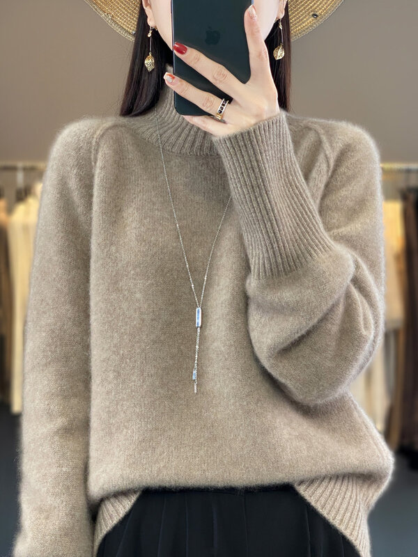 Sweater tebal wanita, Atasan pakaian rajut polos lembut kasual leher tiruan, Pullover wol Merino musim dingin 100%