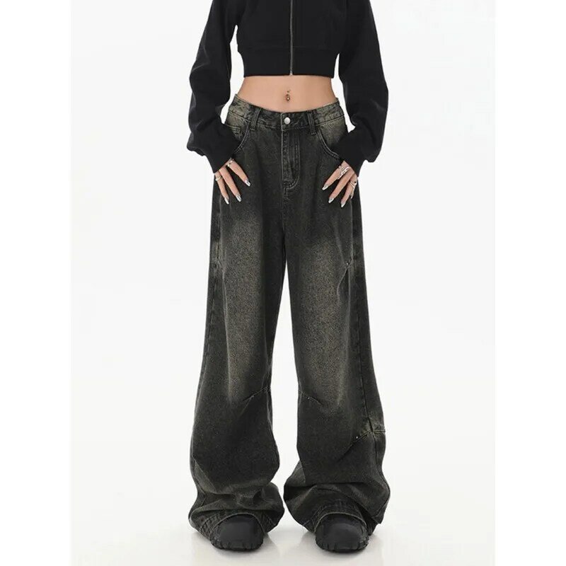Deeptown-pantalones vaqueros holgados de pierna ancha para mujer, Jeans negros Vintage Y2k, ropa de calle Harajuku, pantalones coreanos góticos, primavera 2024, americanos