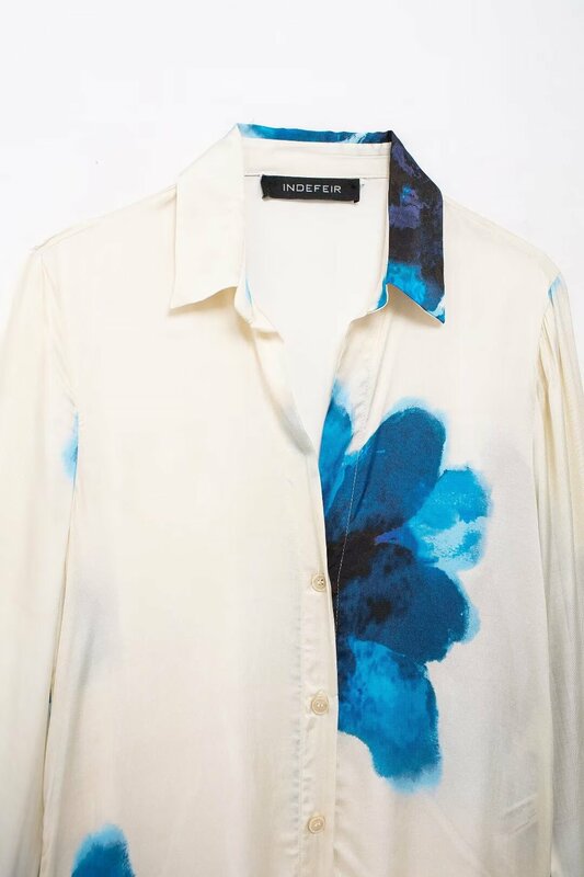 Suit Women's 2-piece 2024 Fashion Printed Drape Shirt Retro Long-sleeved Blouse+elastic Waist Pajamas Style Trousers Suit