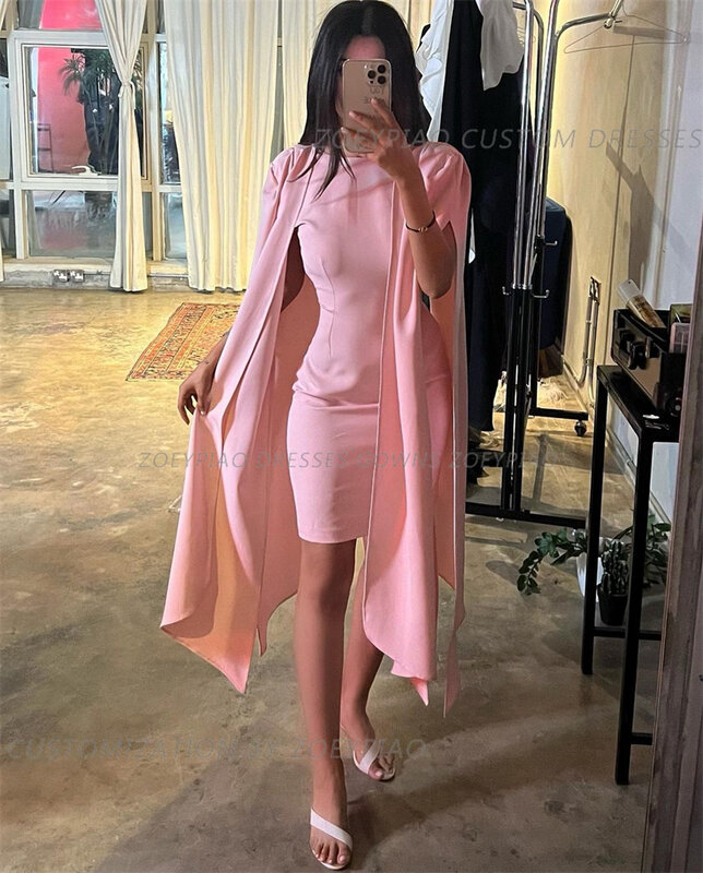 가벼운 핑크 짧은 새틴 이브닝 드레스, 두바이 아랍 여성, O넥, 긴 케이프 소매 코르셋, 무도회 가운, 맞춤 플러스 사이즈
