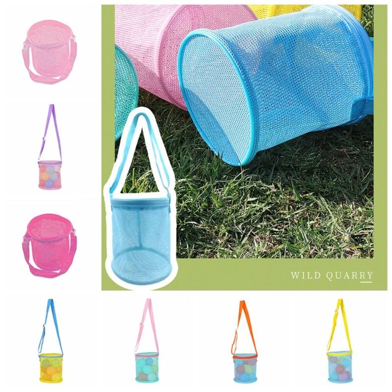 Mesh Beach Bag for Kids Toy Organizer Net Zipper Adjustable Shoulder Strap Storage Pouch Child Shell Collecting Bag Round Bucket