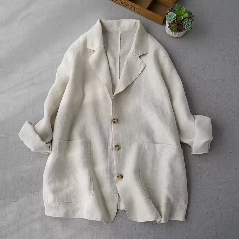 Jaket Linen nyaman wanita, atasan Blazer serbaguna kasual sederhana pas longgar musim semi musim panas K1162