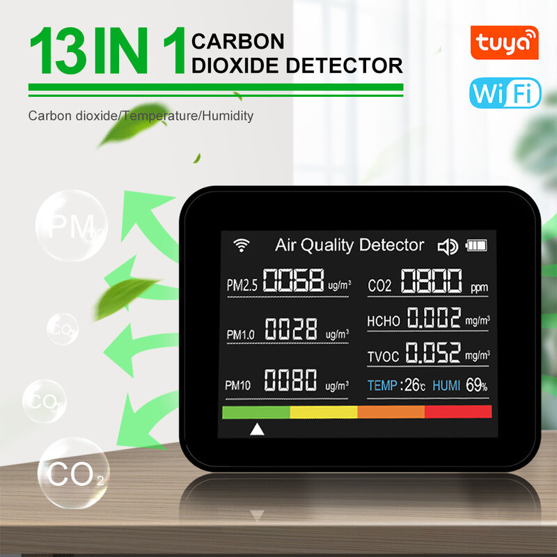 Tuya-Testeur de qualité de l'air intérieur 13 en 1 avec WiFi, moniteur de qualité de l'air pour CO2, TVOC, HCHO, PM2.5, PM1.0, PM10, température, humidité, plus