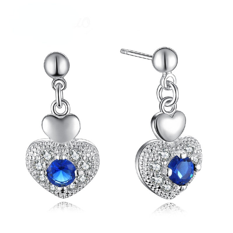 Colar e brincos de prata esterlina pura 925, coração de cristal de zircão azul, joias românticas fofas, moda