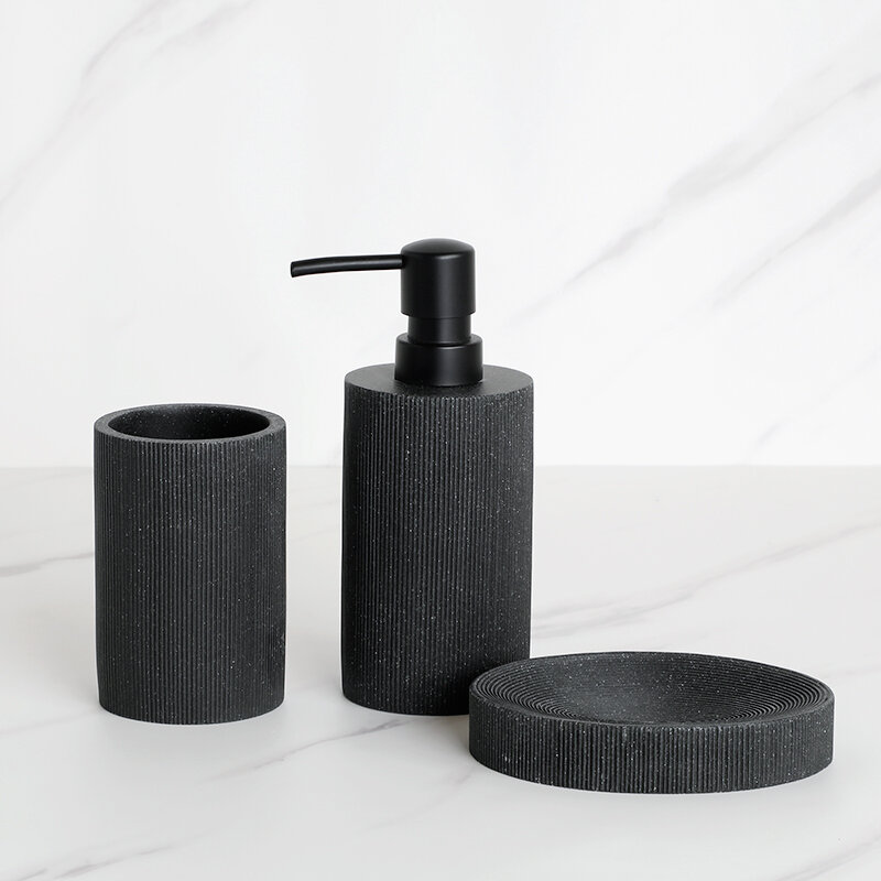 Dispensador de jabón negro para baño, soporte para cepillo de dientes, vaso para jabón, taza de enjuague bucal, soporte para cepillo de inodoro