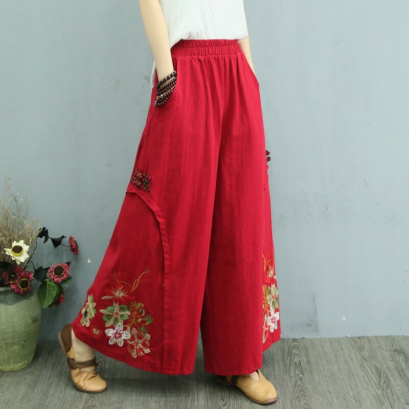 Calças femininas bordadas tradicionais chinesas, calças casuais retrô de perna larga, estilo étnico, calças largas e versáteis, moda