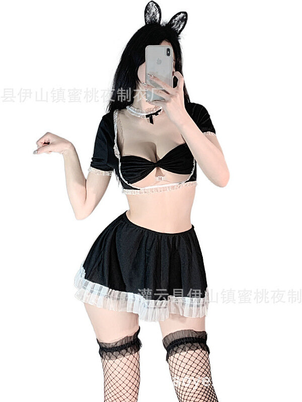 Temptation Elegant Transparent New Fun Lingerie Sexy Hollow Out Bow Tie Maid Role Passion Free Short Skirt Set Maid Uniform WEU1