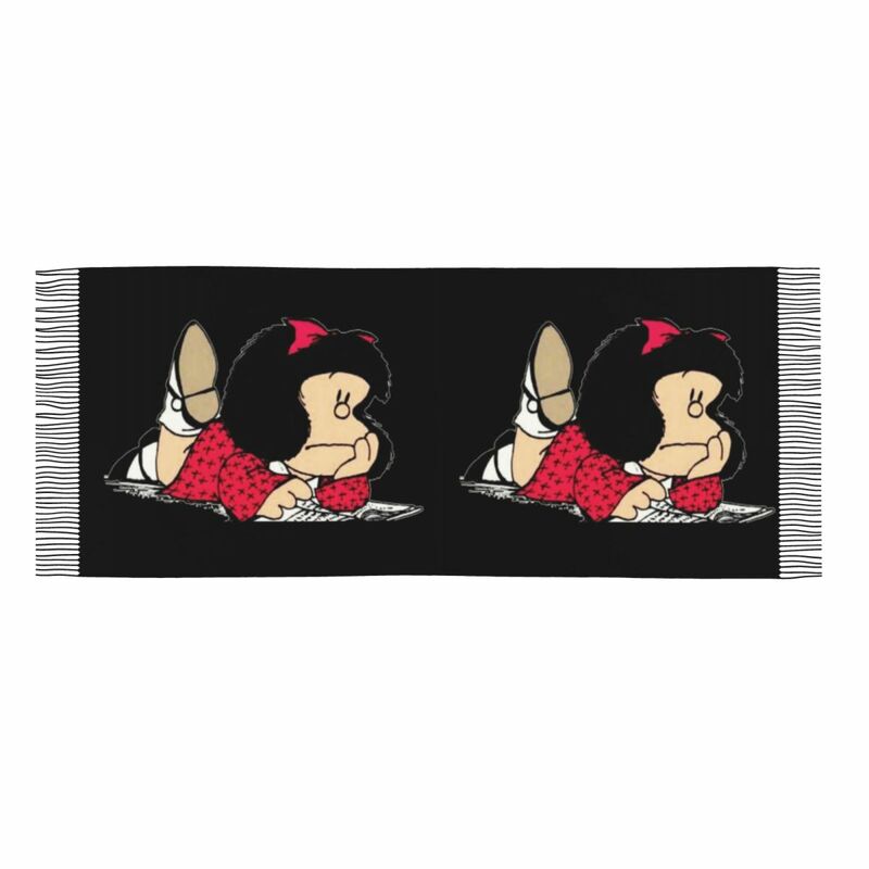 Lenços longos e fofos Mafalda para mulheres, xale de borla quente e macio, envoltórios espanhóis, desenhos animados argentinos, cachecol quino cênico feminino, inverno outono