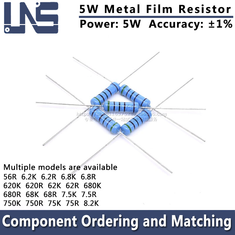 10pcs 5w Metal Film Resistor 1% 56R 6.2K 6.2R 6.8K 6.8R 620K 620R 62K 62R 680K 680R 68K 68R 7.5K 7.5R 750K 750R 75K 75R 8.2KOhm