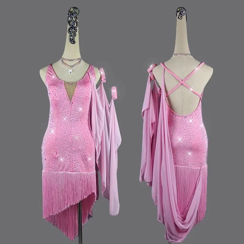 2024 Nieuwe Latin Dance Dress Volwassen Custom Kinder Licht Roze Taille Omwikkeld Mouwloze Open Rug Kant Dansjurken