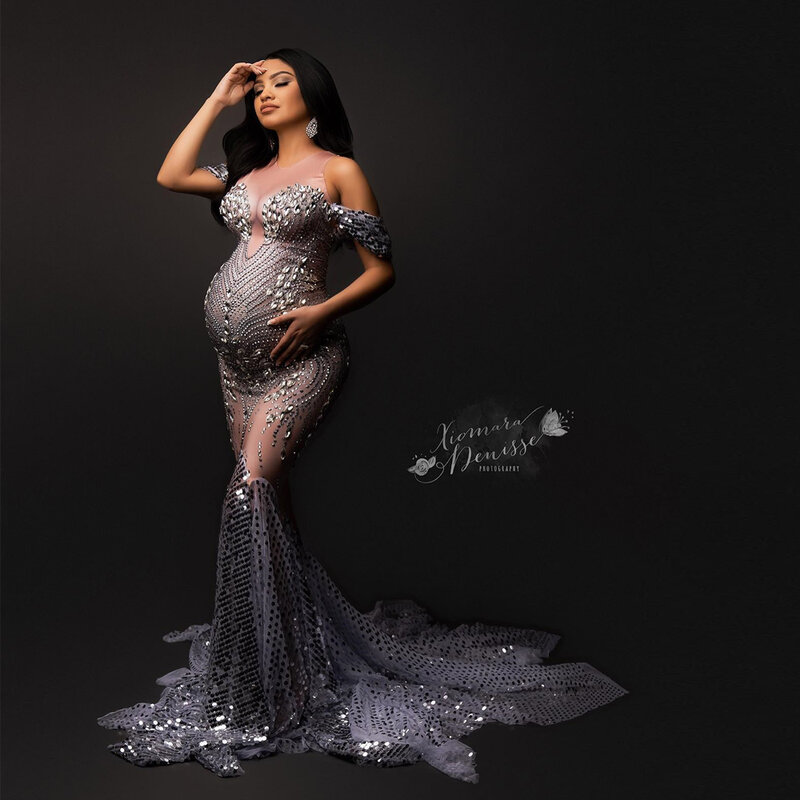 Fotografia ciążowa suknia świecący dżetów wysoka elastyczność duży rozmiar nadaje się do fotografia kobiet w ciąży odzież rekwizyty