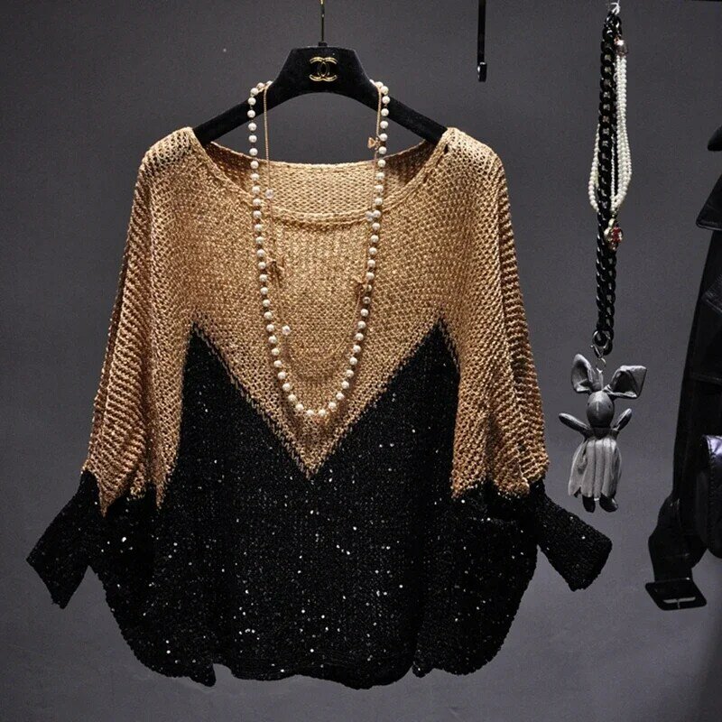 2024Shinny Lurex Sweater Women Round Neck Long Jumper Casual Knit Pull Femme Pullover Bling Bling Sequin Sweater