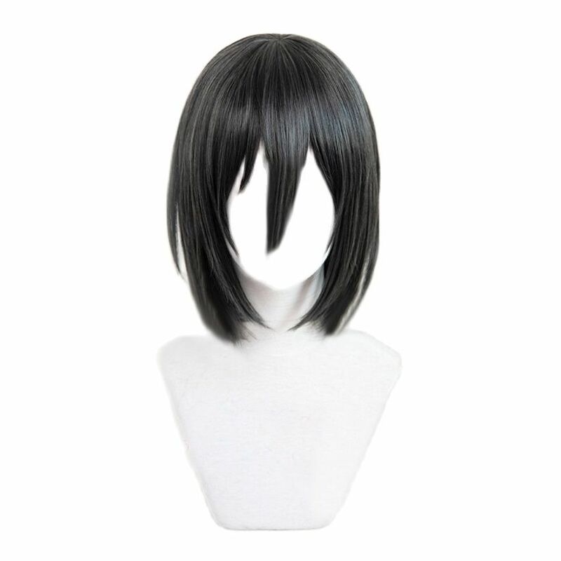 Mikasa Ackerman nero 35cm parrucca corta Bob Cosplay Anime Cos parrucca per capelli Cosplay resistente al calore + cappuccio per parrucca