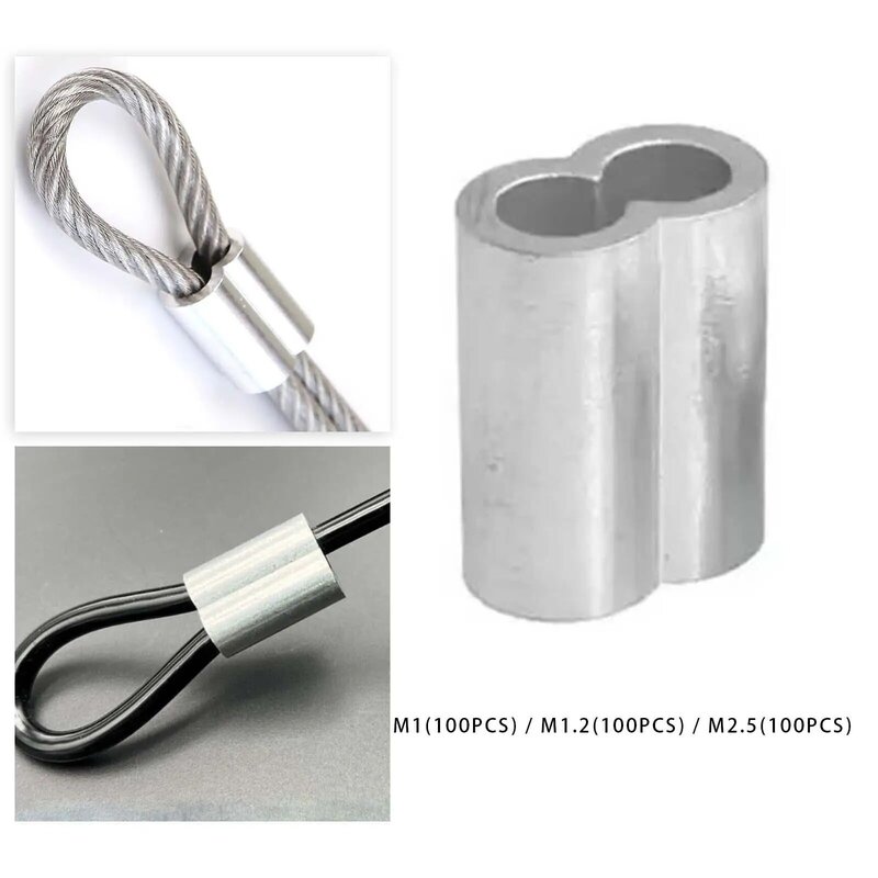 100 buah tali kawat baja lengan aluminium, fitting praktis portabel ringan tokoh 8 klip berbentuk tali kawat baja aksesoris