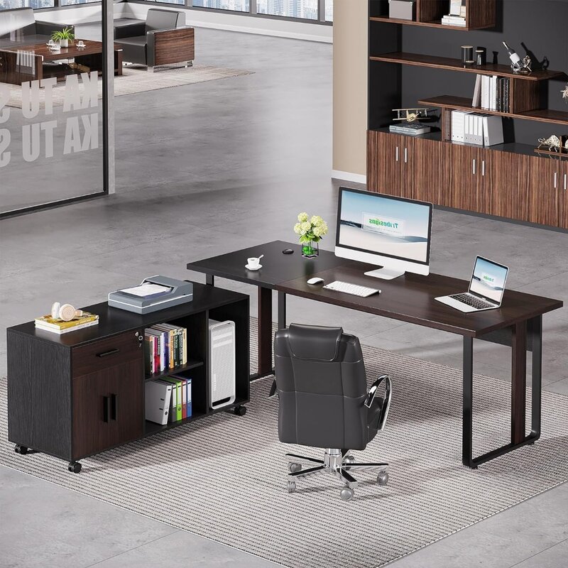 オフィス家具横キャビネット付き大型エグゼクティブオフィスデスク、引き出しと収納付きl字型オフィスデスク、トリプルキャビネット、70.8インチ