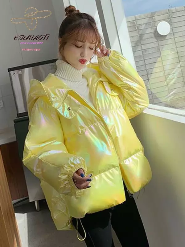 Jaqueta colorida com capuz de superfície brilhante feminina, casaco de algodão, moda coreana, Parkas grossas, roupas femininas, tops quentes soltos, inverno