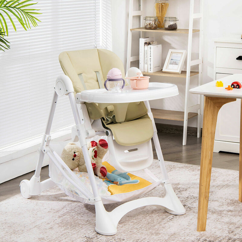 Silla alta ajustable plegable para bebé, mueble Convertible con bandeja de rueda, cesta de almacenamiento, color Beige, AD10007BE