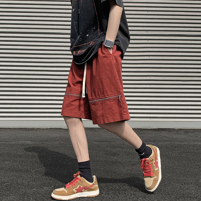 Pantalones cortos casuales para hombre, ropa de calle diaria suelta, cintura elástica Simple que combina con todo, estilo japonés, cremallera de Color sólido, diseño Retro