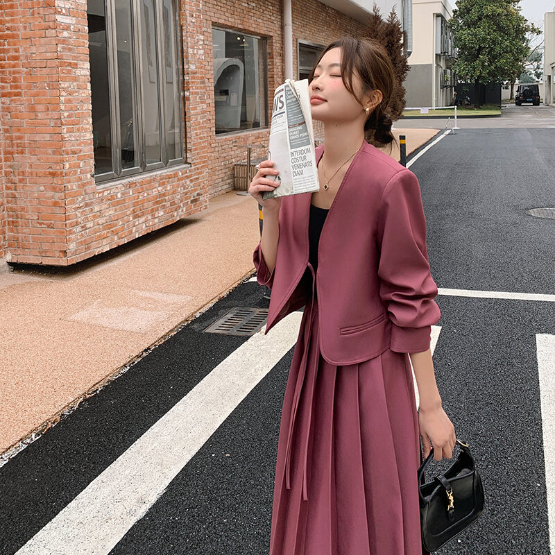 Blazer Coat and Pleated Skirt Two Piece Suits 2023 Spring Autumn Women Elegant Korean Style Loose Casual Short Jacket Sets 0992