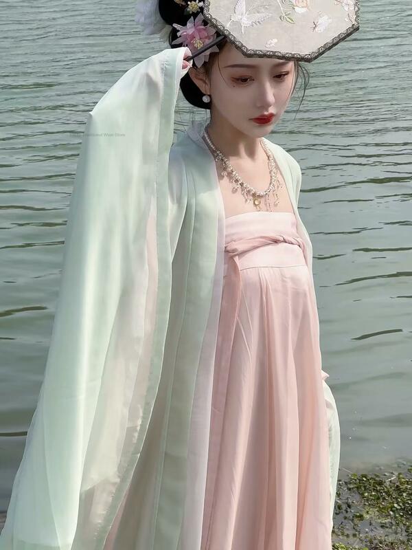 Jupe une pièce de la dynastie Tang Hanfu chinois, chemise à manches longues, princesse des Prairies, élégante robe de printemps et d'été, ensemble Hanfu nickel é