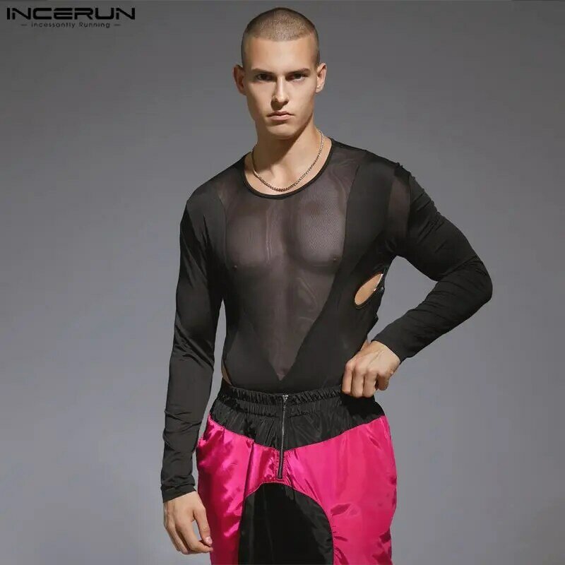 INCERUN Men Bodysuits Mesh Patchwork Transparent O-neck Long Sleeve Rompers Men Streetwear Sexy 2023 Hollow Out Fashion Bodysuit