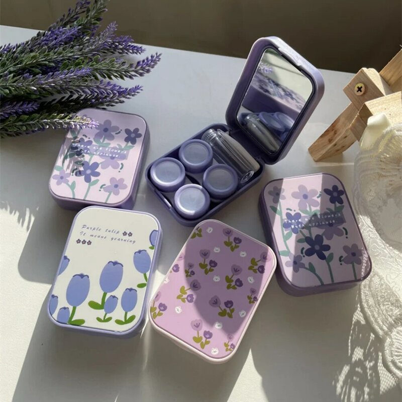 Caja de lentes de contacto de belleza, estuche portátil de tulipán púrpura, contenedor de soporte de dos paquetes, 1 unidad, 2024