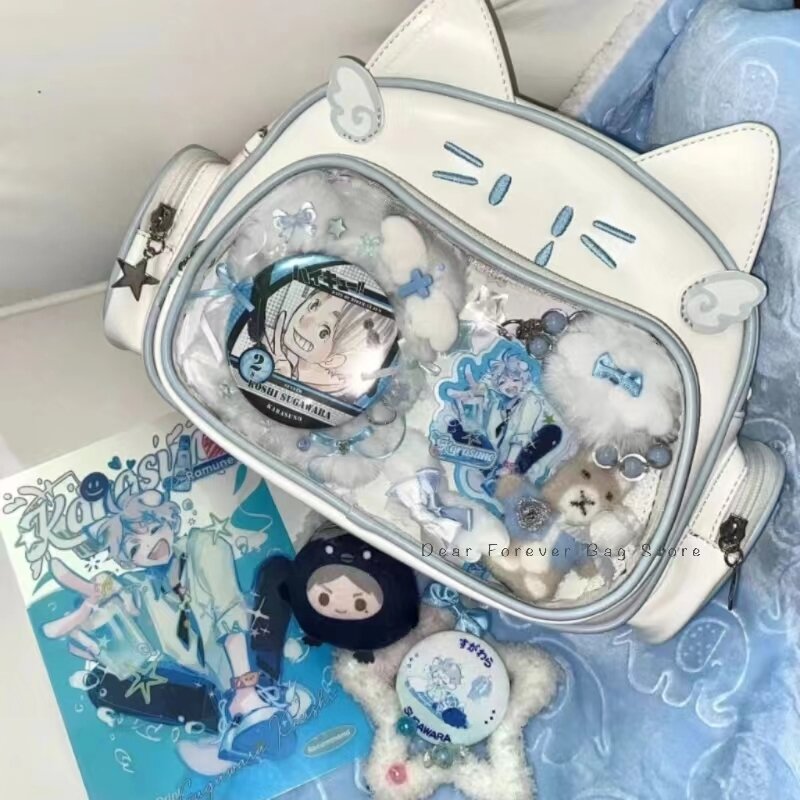 Y2K-mochila de gato plateado japonés para adolescentes, Bolsa Escolar bonita, bolsa de viaje de bolsillo transparente para niñas dulces, mochila para niños y mujeres