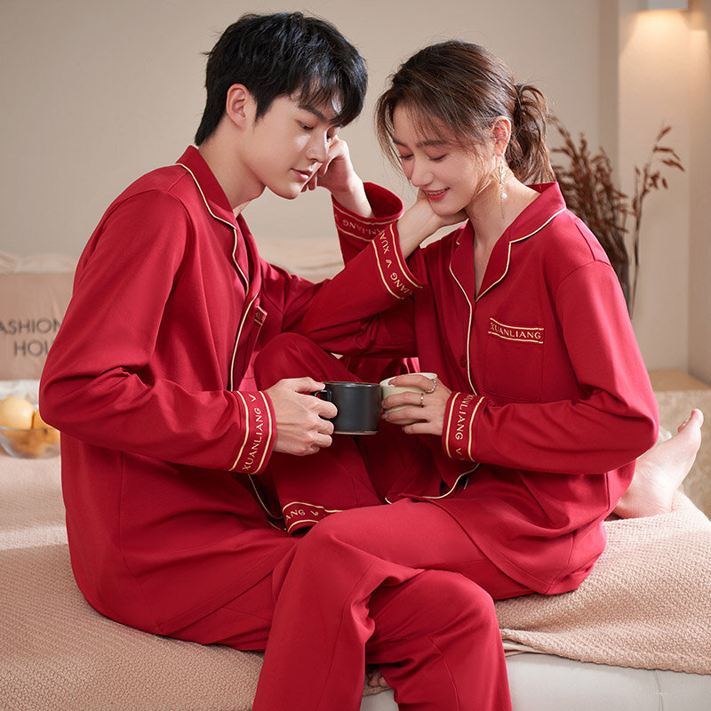Autumn Couple Pajamas Set Full Cotton Loose Pyjamas Women Men Long Sleeve Homewear Lovers Nightgowns Wedding Red Pajama Set