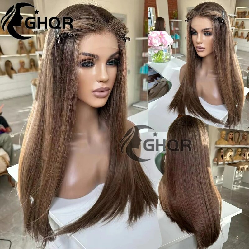Highlight dark Brown Color With Ash Blonde Human Hair full lace 360 Lace Frontal wig Straight No Tangle Brazilian Remy Hair Wig