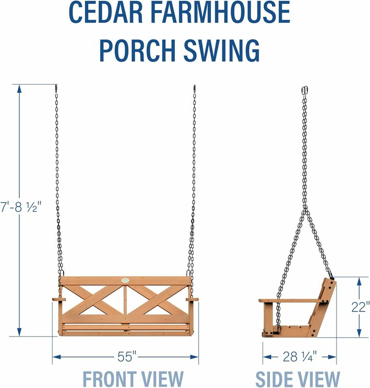 Durable Cedar Farmhouse Outdoor Porch Swing with Chain, Water Resistant, Porch, Patio Two Person Seating, 600 Lb Weight Capacity