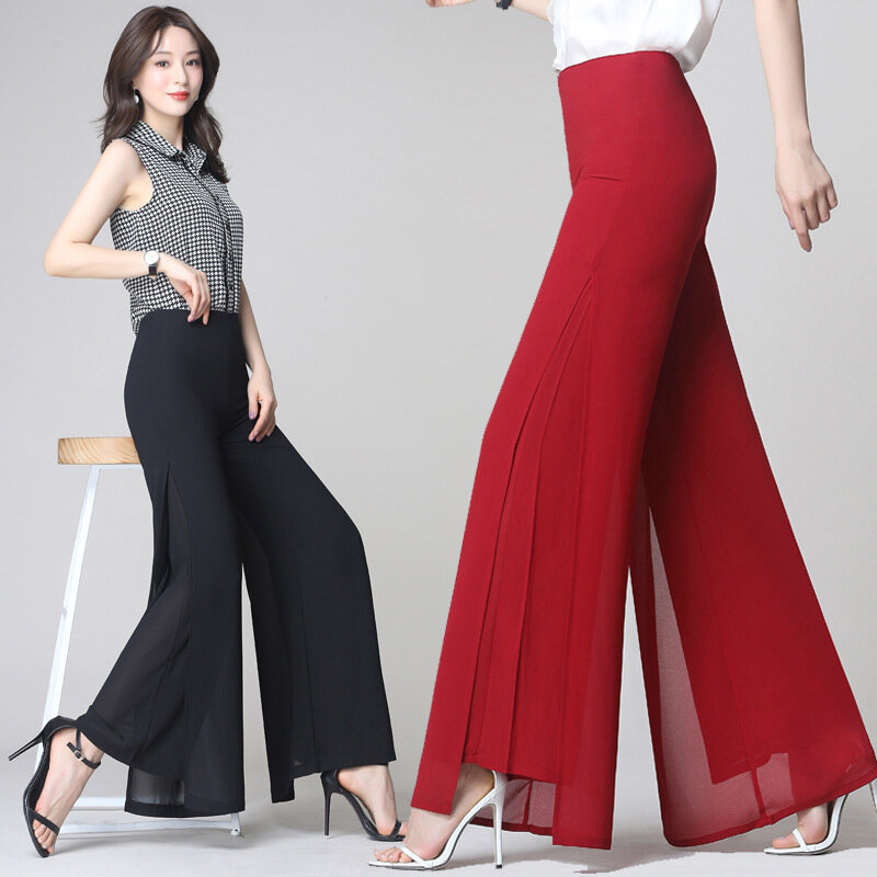 2024 nuova estate pantaloni a gamba larga in Chiffon da donna pantaloni Vintage a vita alta Streetwear pantaloni lunghi Casual da donna pantaloni larghi coreani