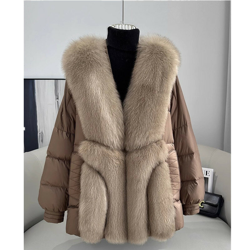 Casaco de pele de comprimento médio feminino, casaco de ganso, gola grande de pele de raposa, casaco café, outono e inverno