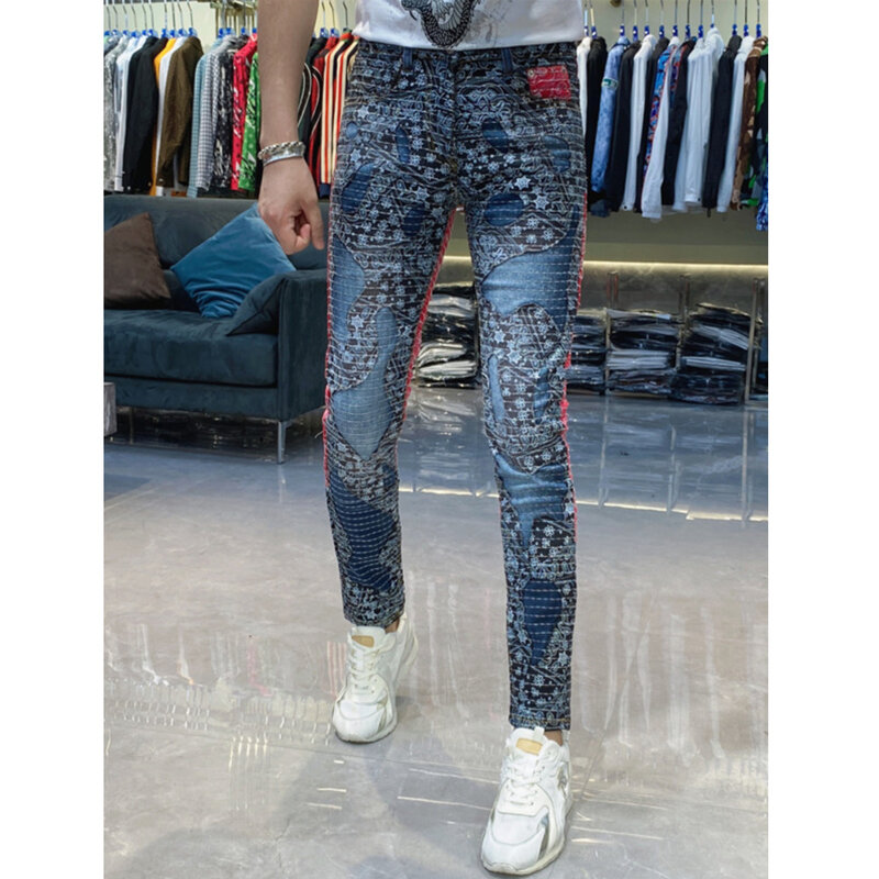 Jeans Slim Fit pour hommes, pantalons patchs irréguliers, imprimé cachemire, coutures brodées, noir et rouge, mode FjTOP